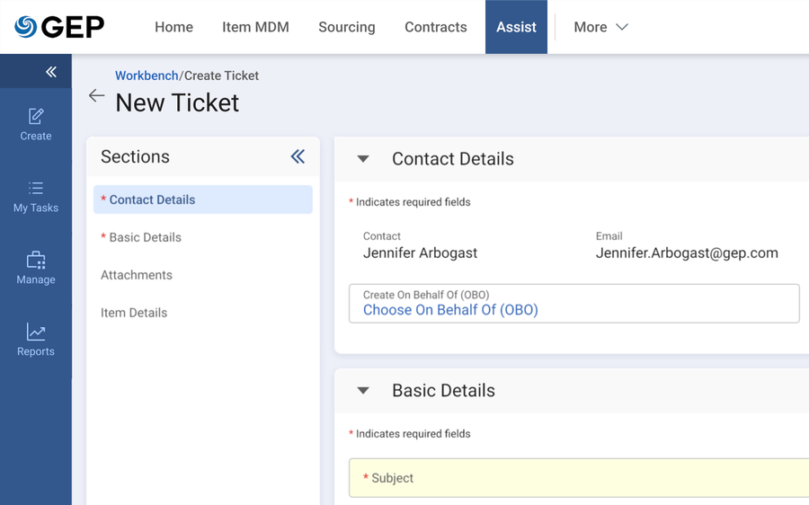 GEP Assist create new ticket form