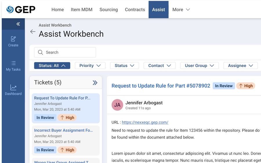 GEP Assist ticket detail view with list